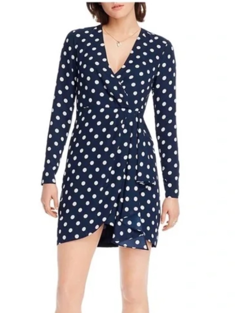 LINI Womens Navy Polka Dot Long Sleeve Short Faux Wrap Dress - size XS